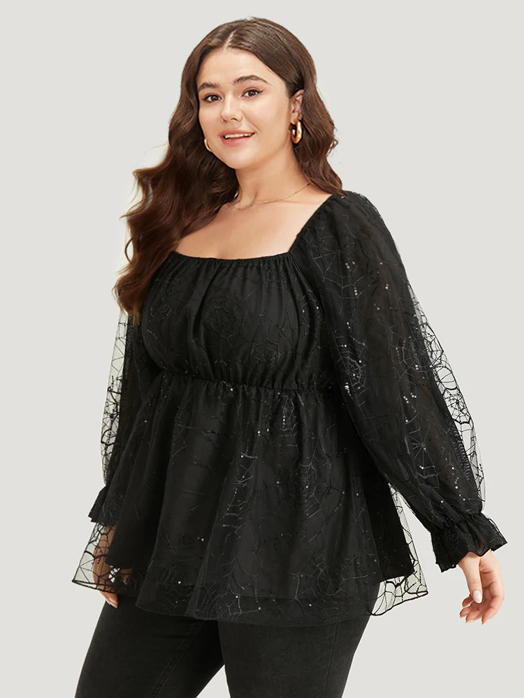 Halloween Square Neck Spider Web Crochet Lace Mesh Blouse - Image 2