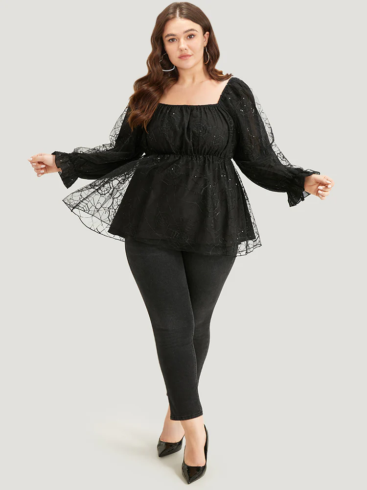 Halloween Square Neck Spider Web Crochet Lace Mesh Blouse - Image 3