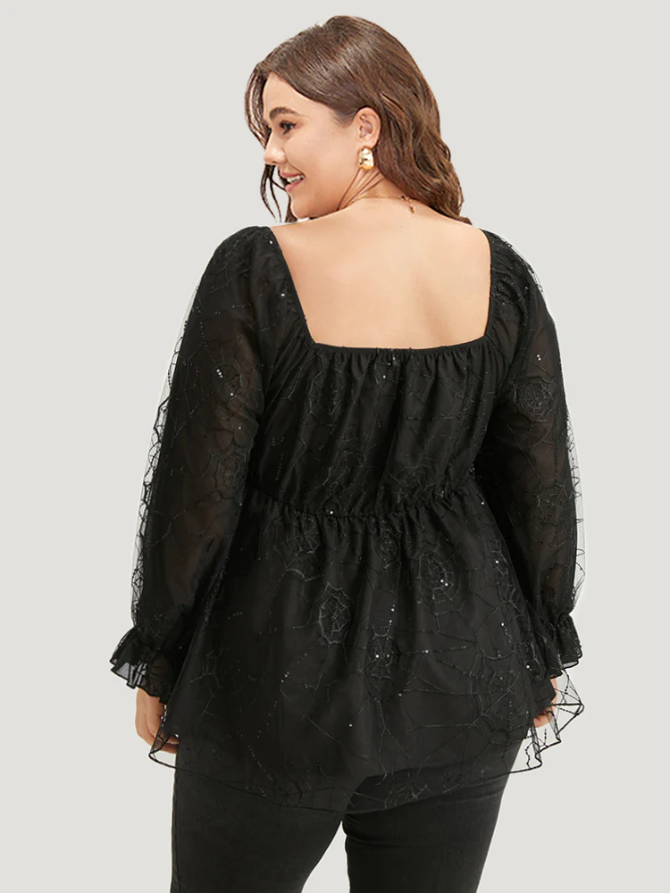 Halloween Square Neck Spider Web Crochet Lace Mesh Blouse - Image 4