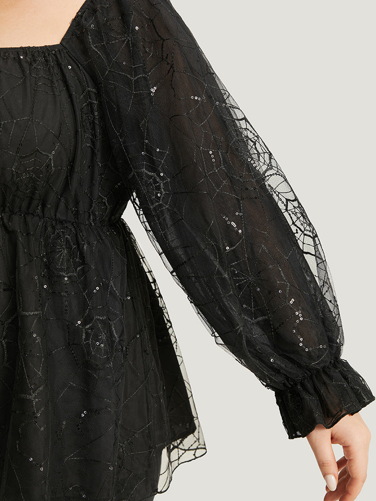 Halloween Square Neck Spider Web Crochet Lace Mesh Blouse - Image 5