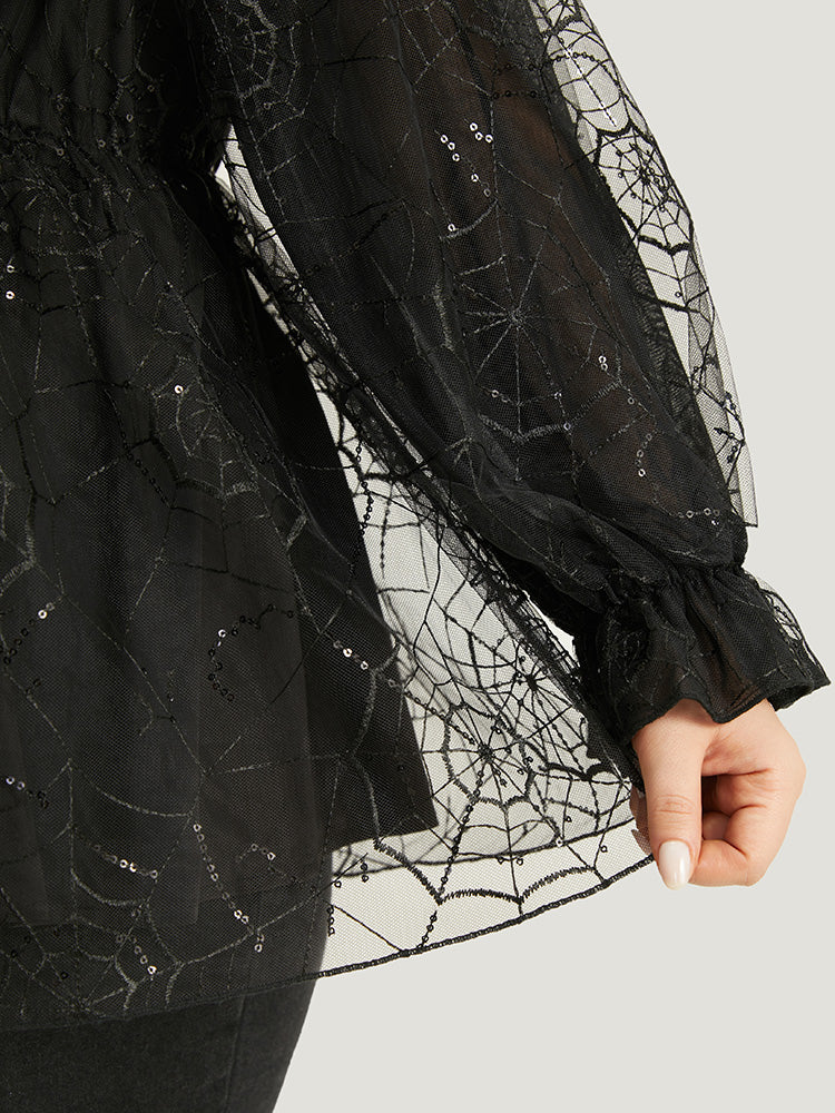 Halloween Square Neck Spider Web Crochet Lace Mesh Blouse - Image 6
