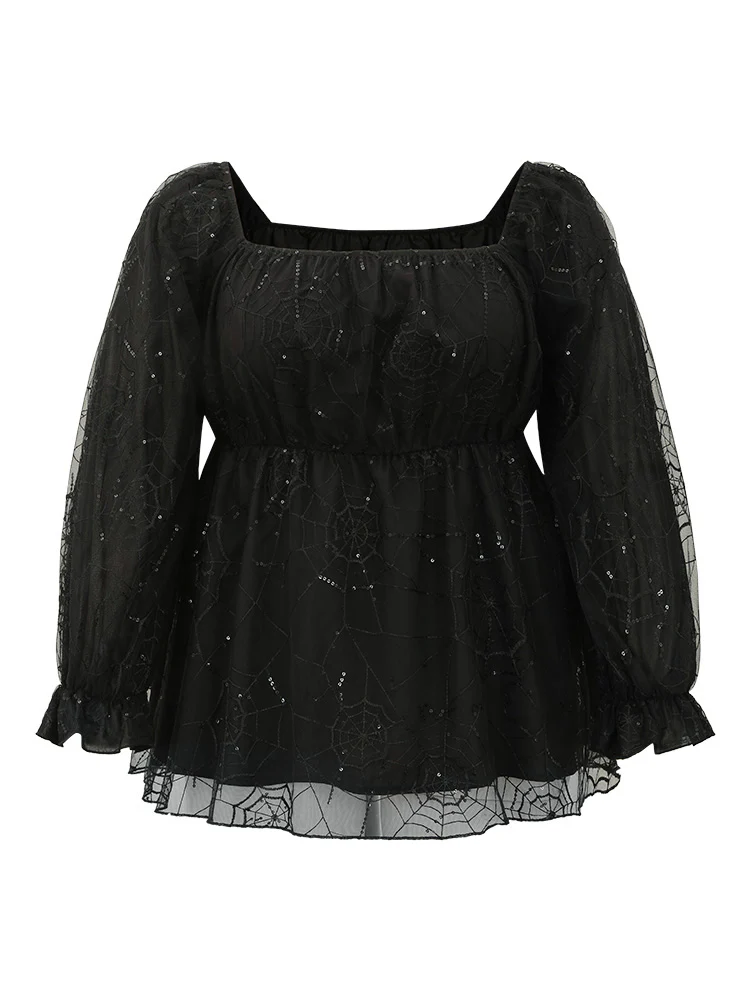 Halloween Square Neck Spider Web Crochet Lace Mesh Blouse - Image 7