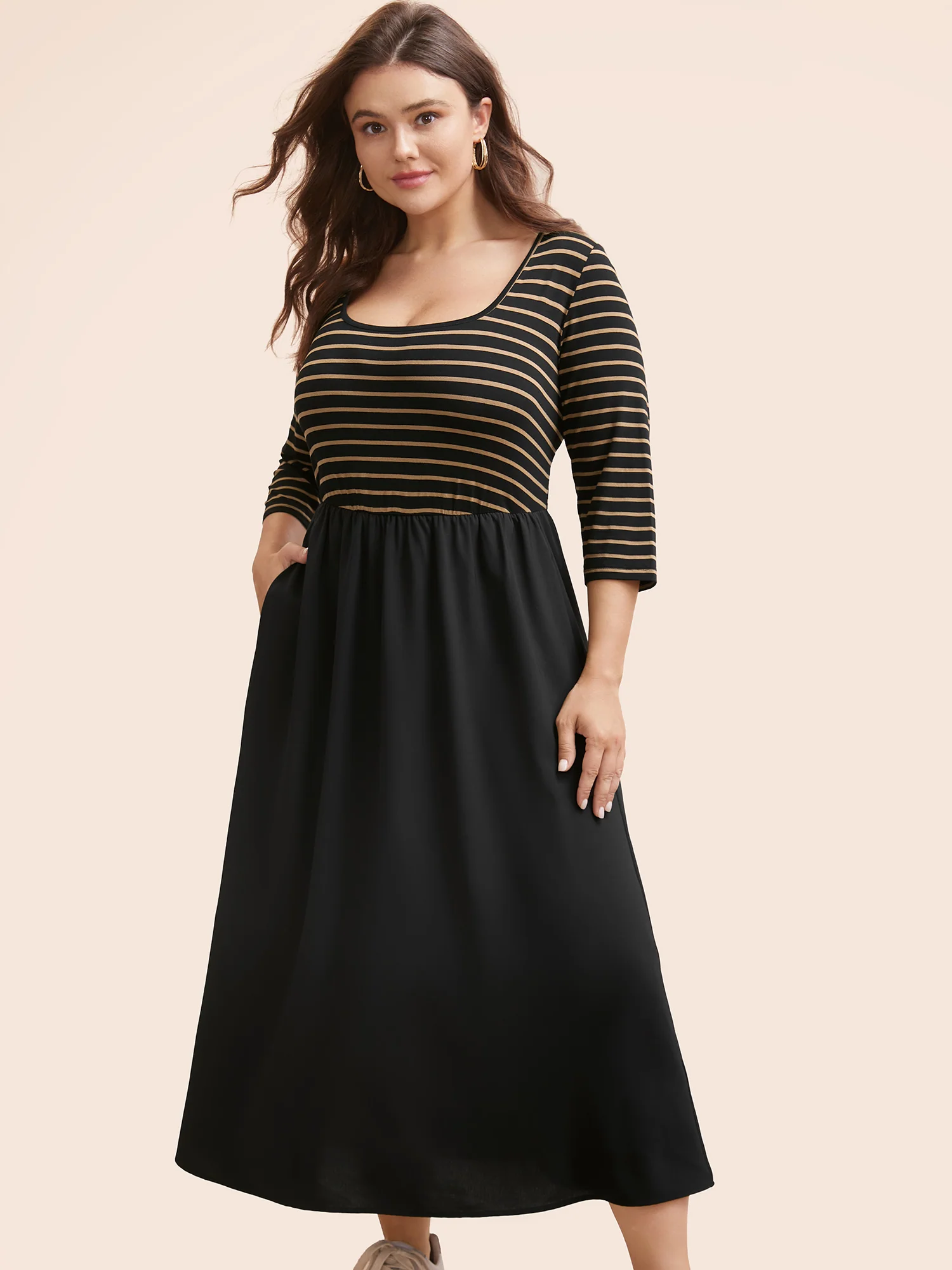 Square Neck Striped Patchwork Midi Dress - Image 2