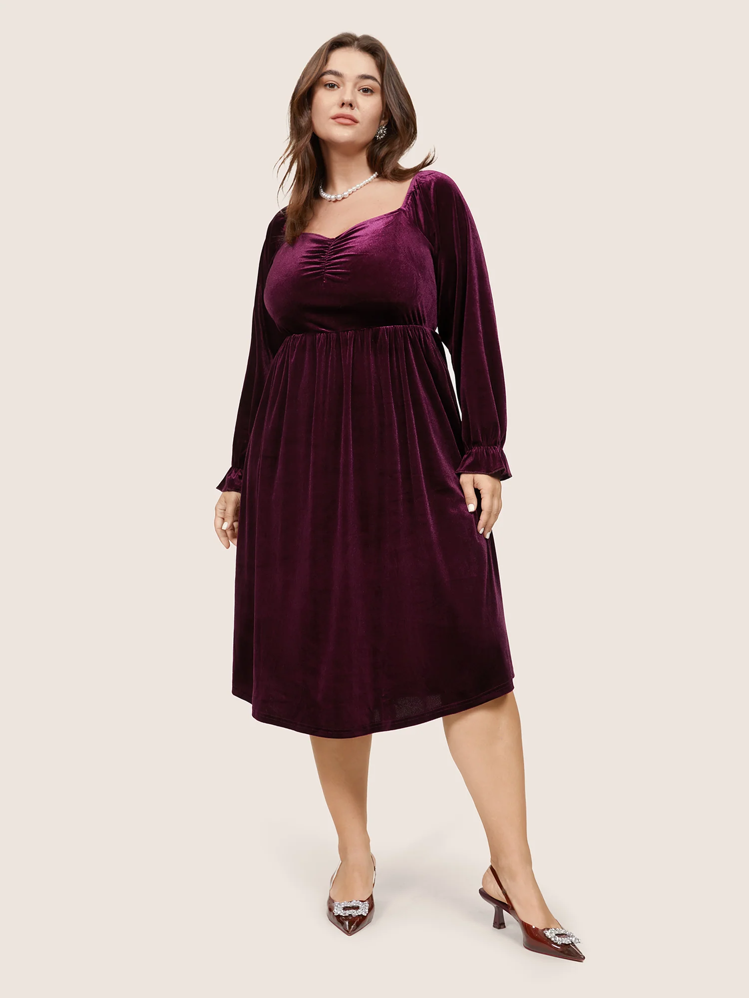 Square Neck Velvet Elastic Waist Gathered Dress - Image 2