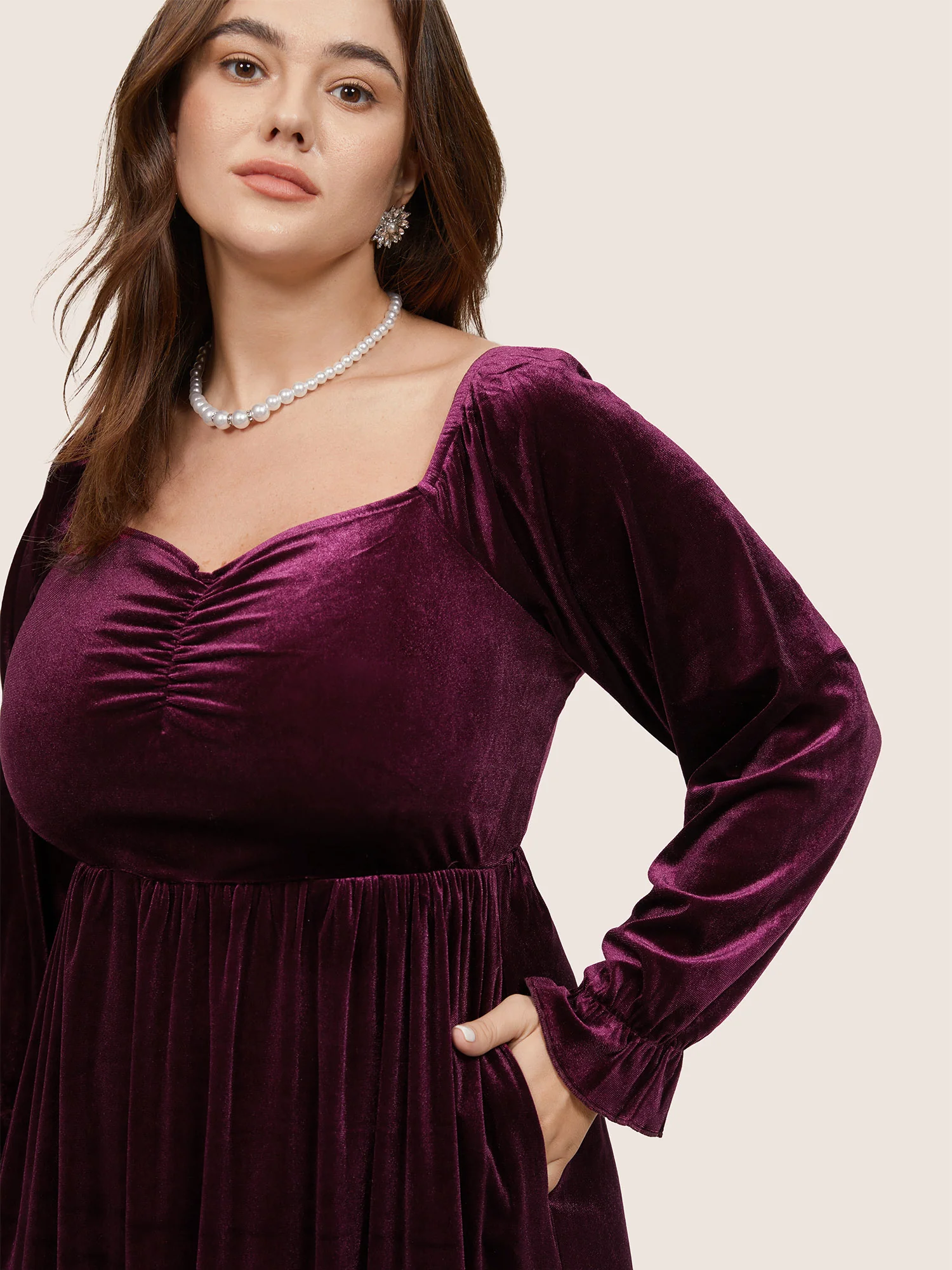 Square Neck Velvet Elastic Waist Gathered Dress - Image 3