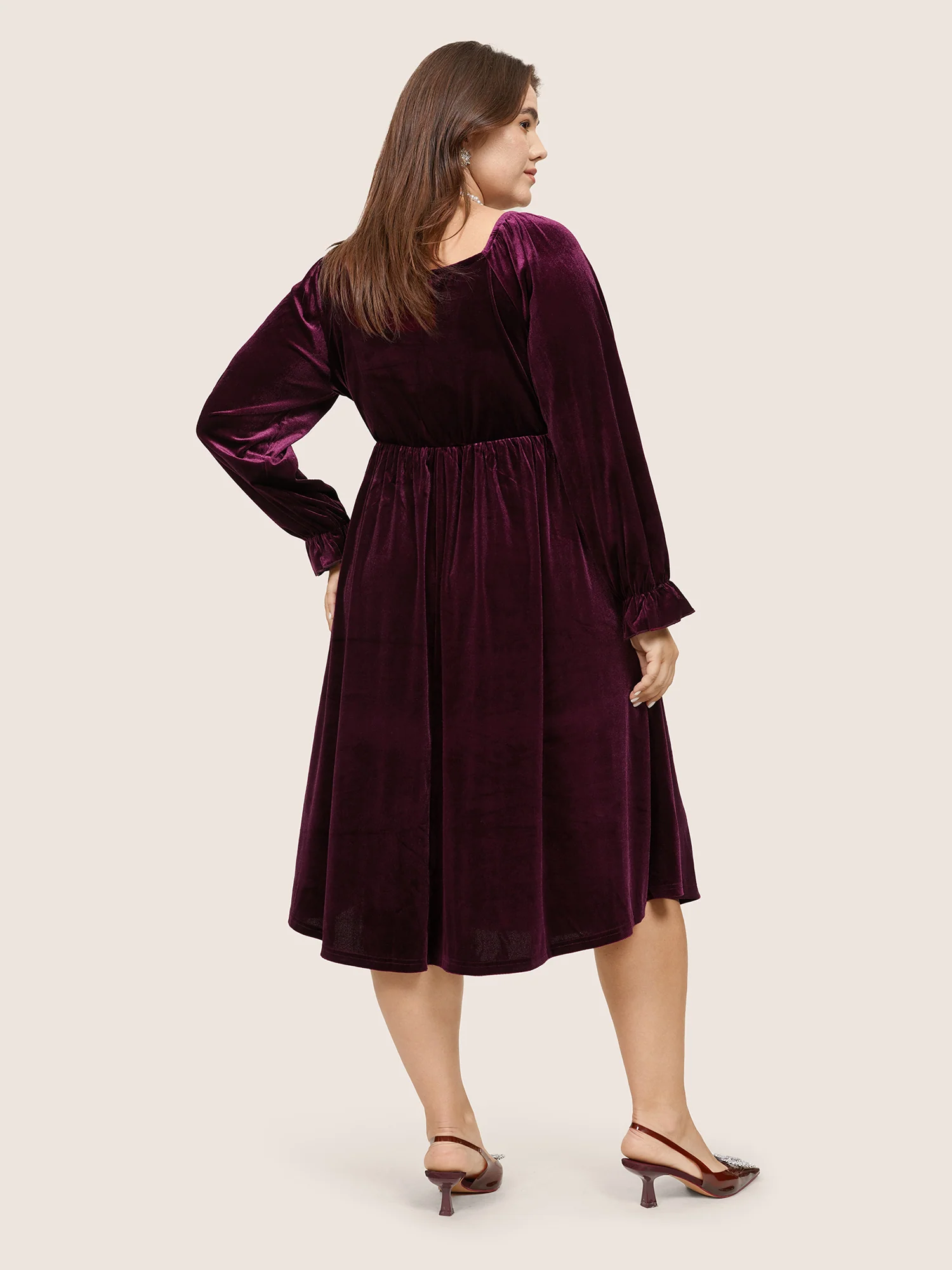 Square Neck Velvet Elastic Waist Gathered Dress - Image 4