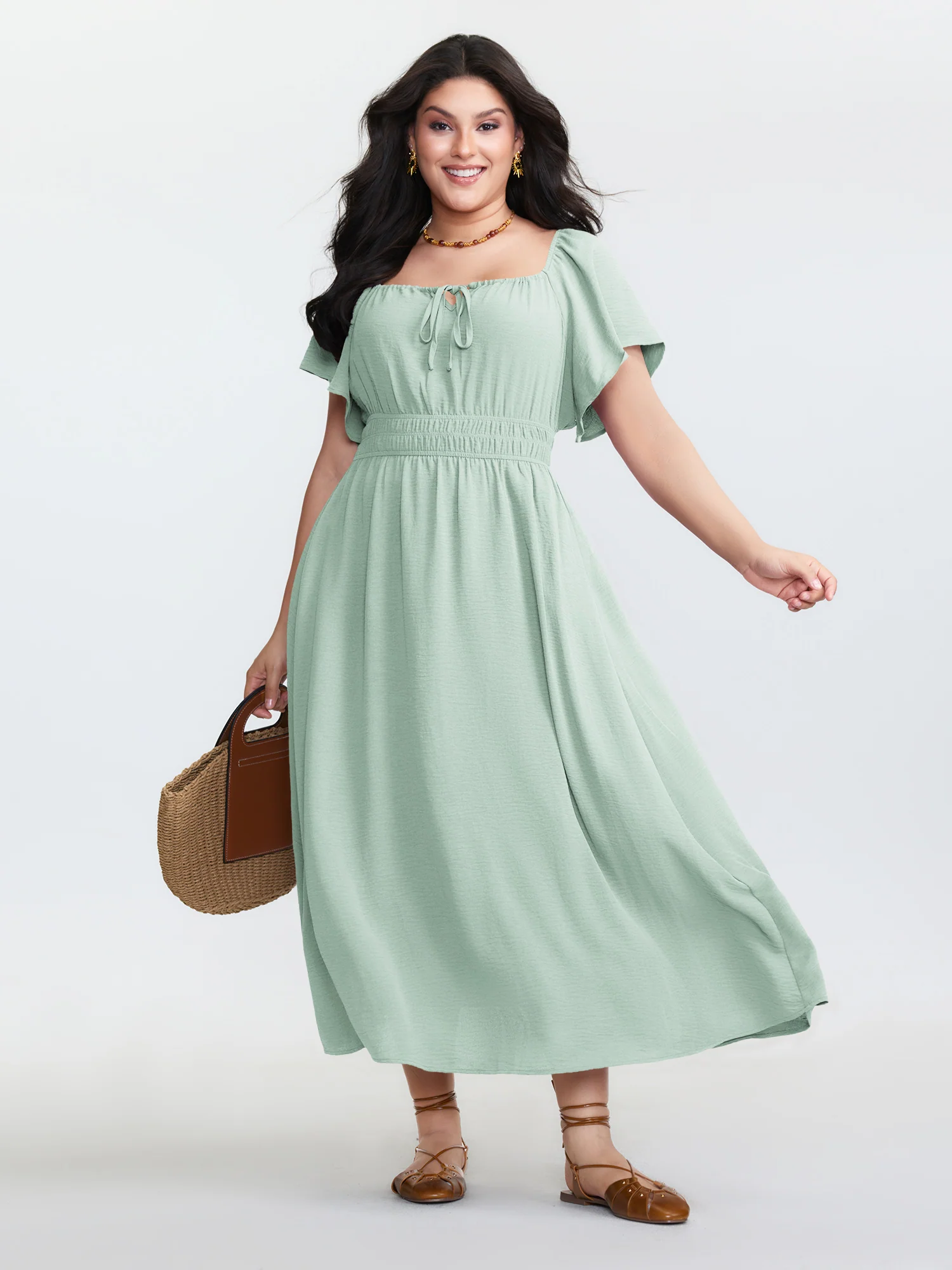 Square Neckline Shirred Waist Maxi Dress - Image 8
