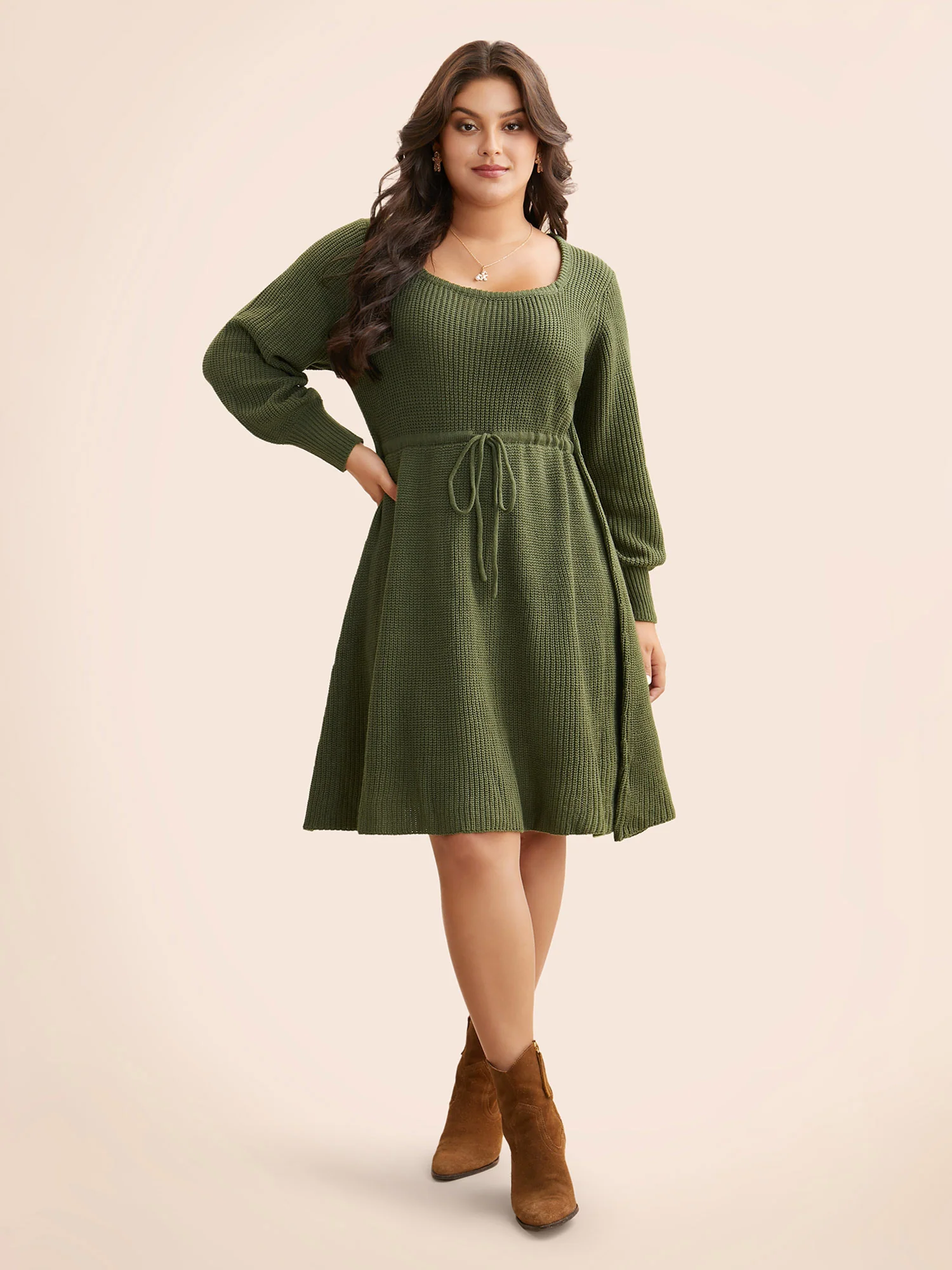 Square Neckline Waist-Tie Midi Sweater Dress - Image 2