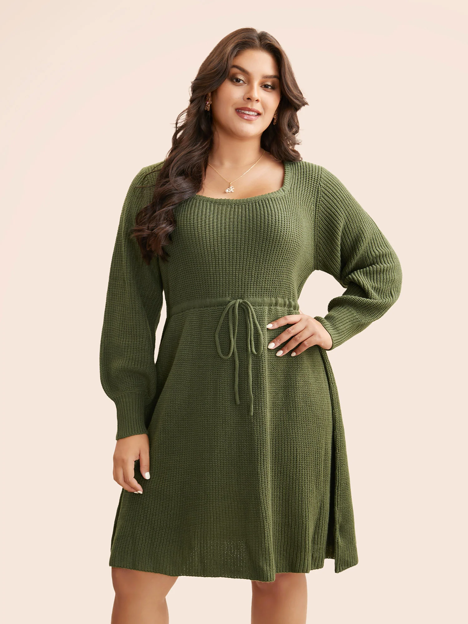 Square Neckline Waist-Tie Midi Sweater Dress - Image 3