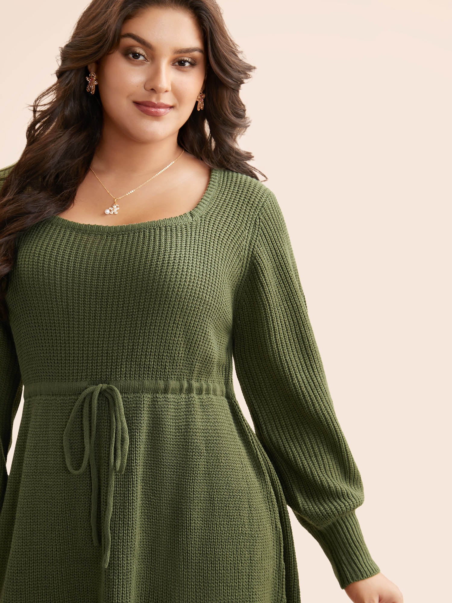 Square Neckline Waist-Tie Midi Sweater Dress - Image 4