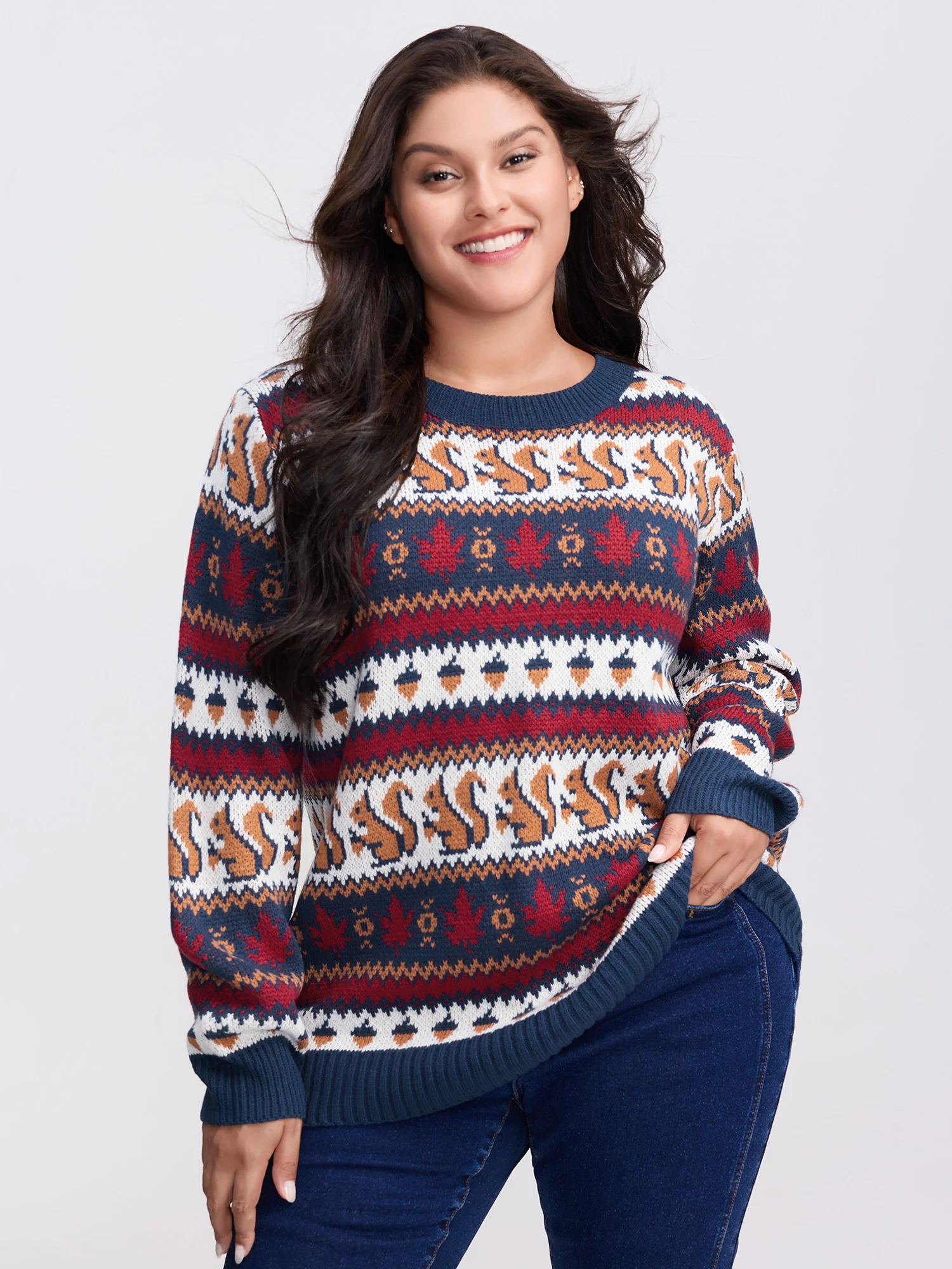 Squirrel Fall Print Jacquard Pullover - Image 2