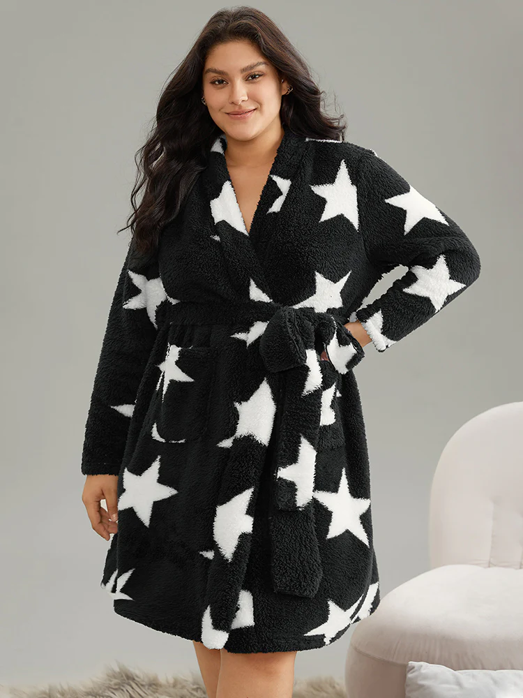 Star Belted Pocket Fluffy Thick Robe - Image 3