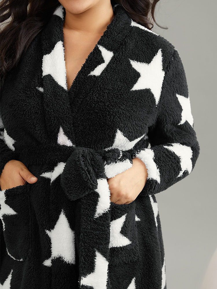 Star Belted Pocket Fluffy Thick Robe - Image 4