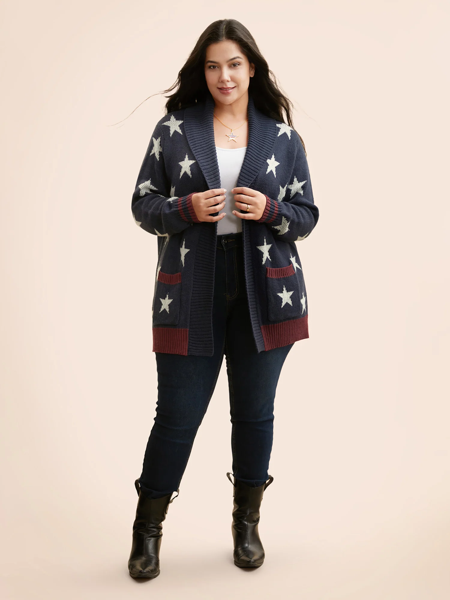 Star Contrast Patched Pocket Cardigan - Image 4