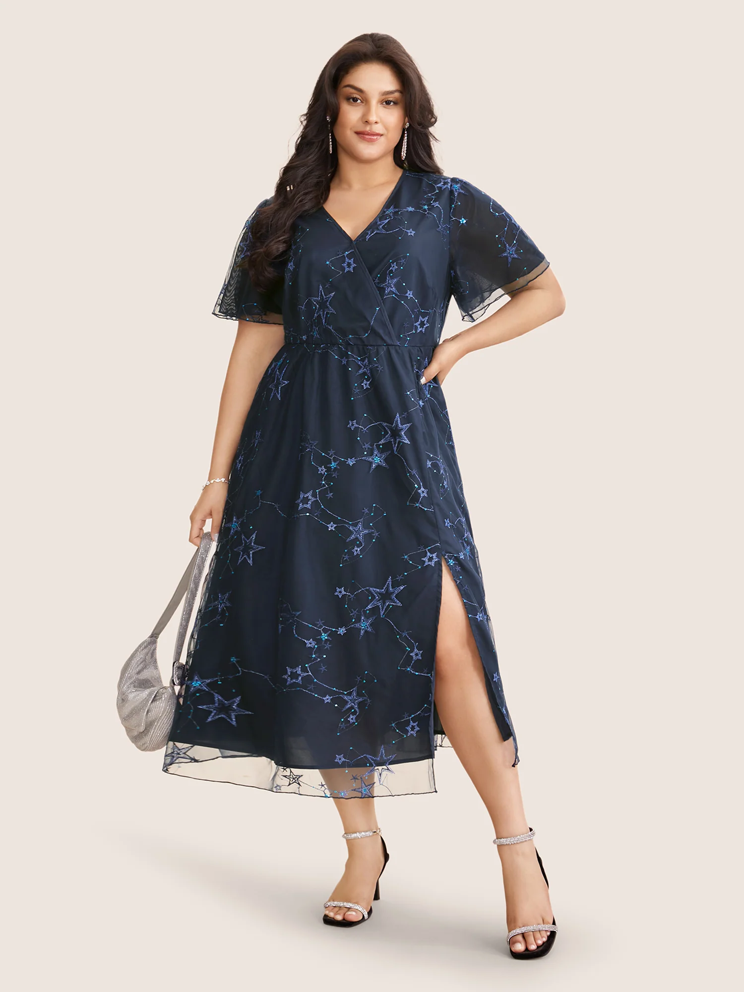 Star Embroidered Mesh Split Hem Dress - Image 3