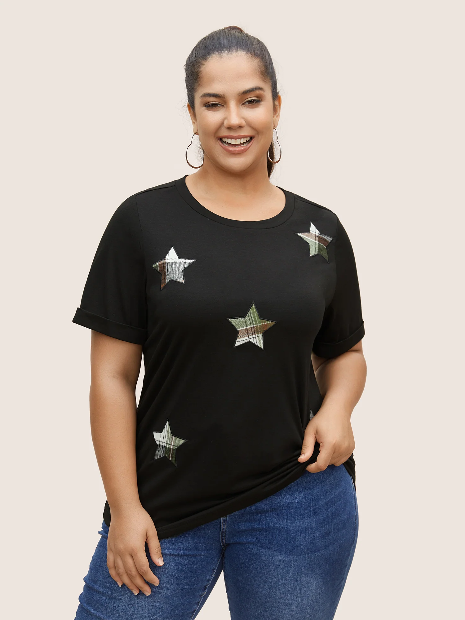 Star Embroidered Patch Round Neck T-shirt