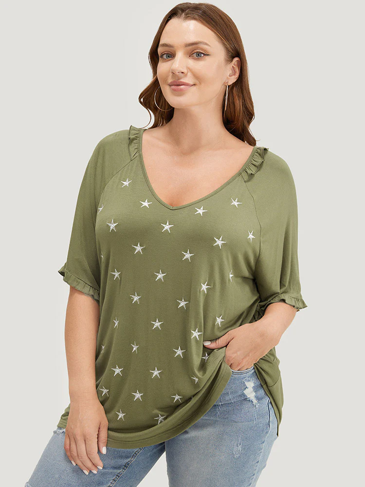 Star Embroidered Ruffle Trim Raglan Sleeve T-shirt - Image 2