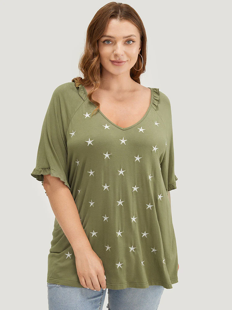 Star Embroidered Ruffle Trim Raglan Sleeve T-shirt - Image 4