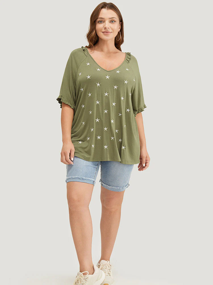 Star Embroidered Ruffle Trim Raglan Sleeve T-shirt - Image 5