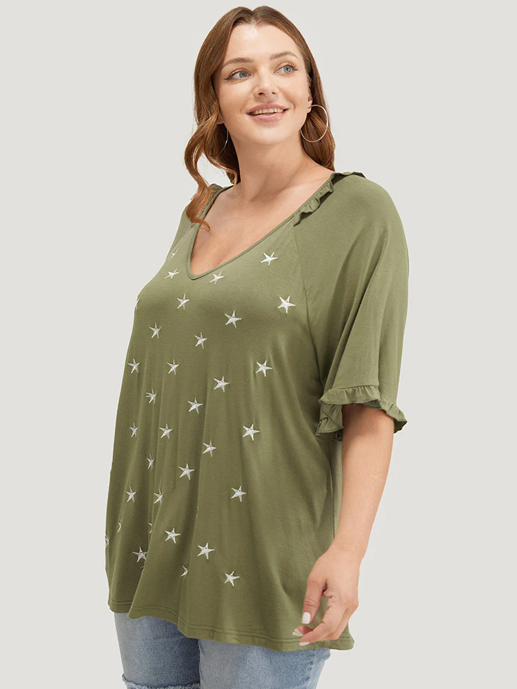 Star Embroidered Ruffle Trim Raglan Sleeve T-shirt - Image 6