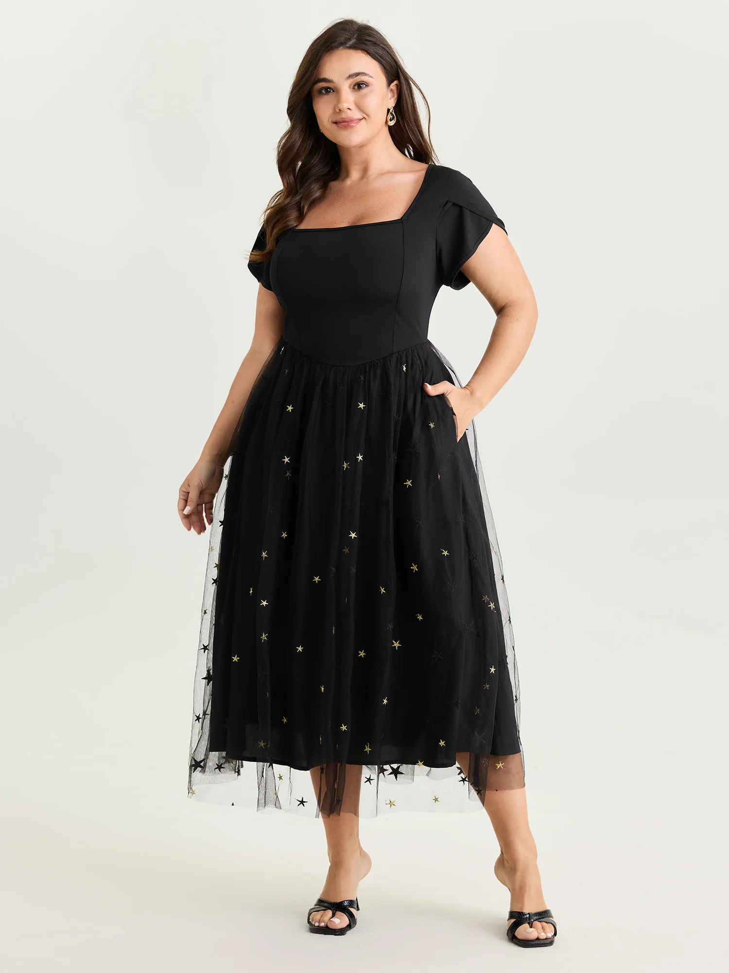 Star Embroidered Square Neckline Midi Dress - Image 3