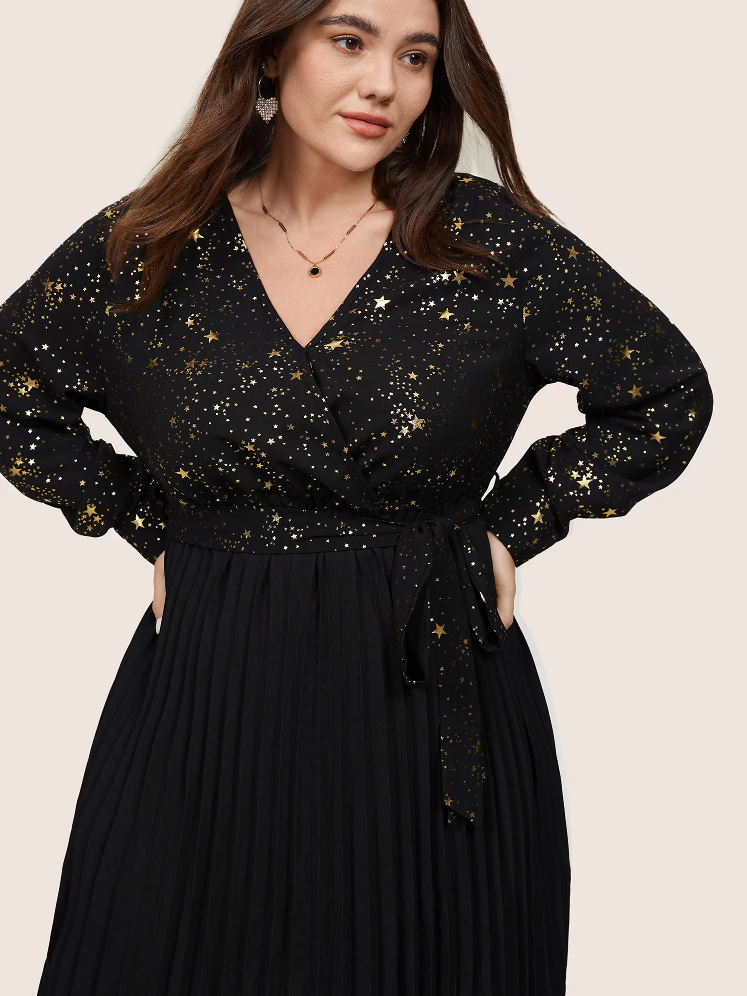 Star Glitter Belted Pleated Wrap Dress - Image 2
