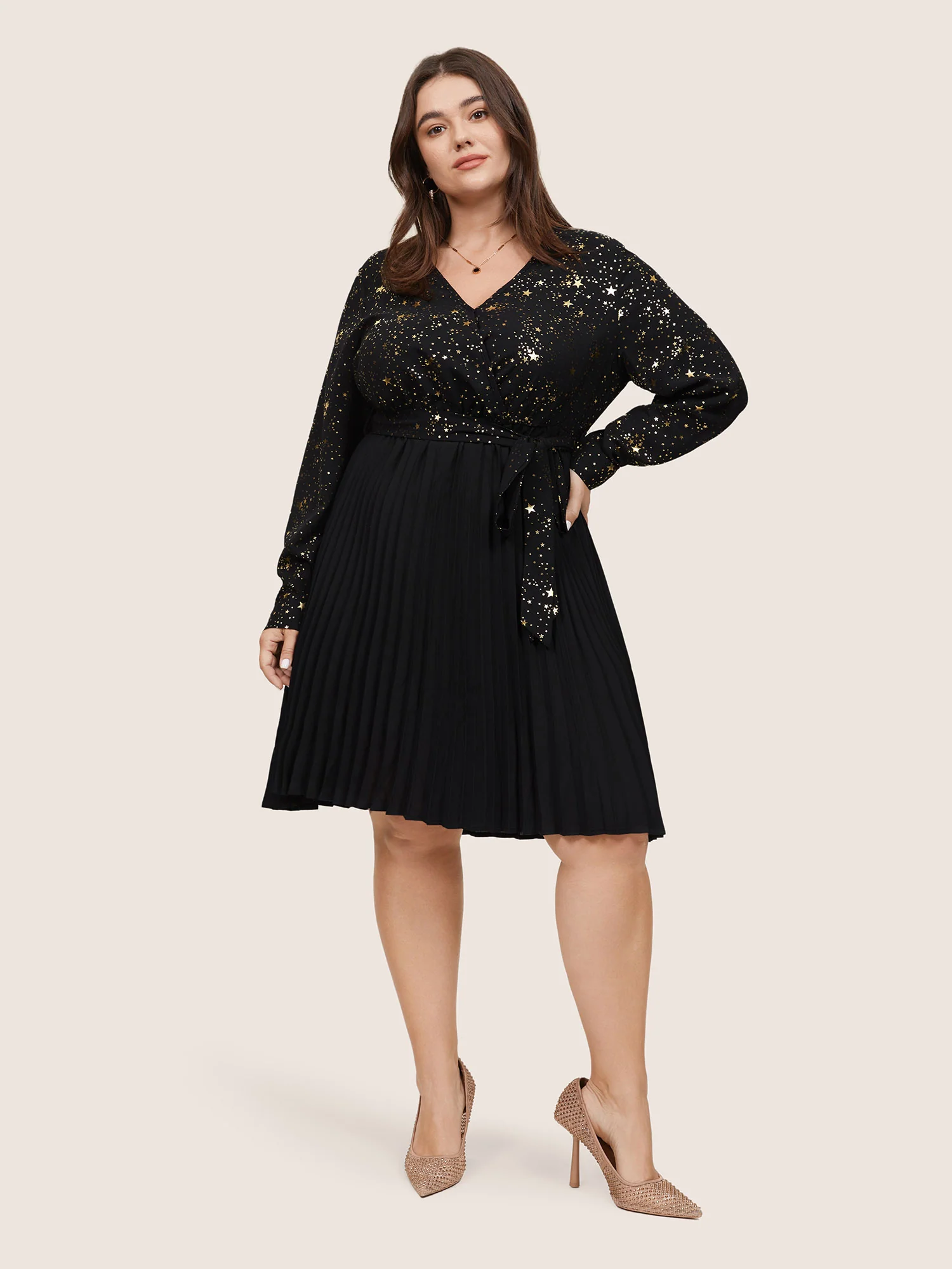 Star Glitter Belted Pleated Wrap Dress - Image 4