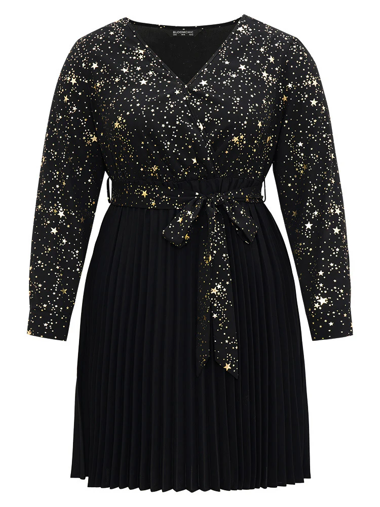 Star Glitter Belted Pleated Wrap Dress - Image 5