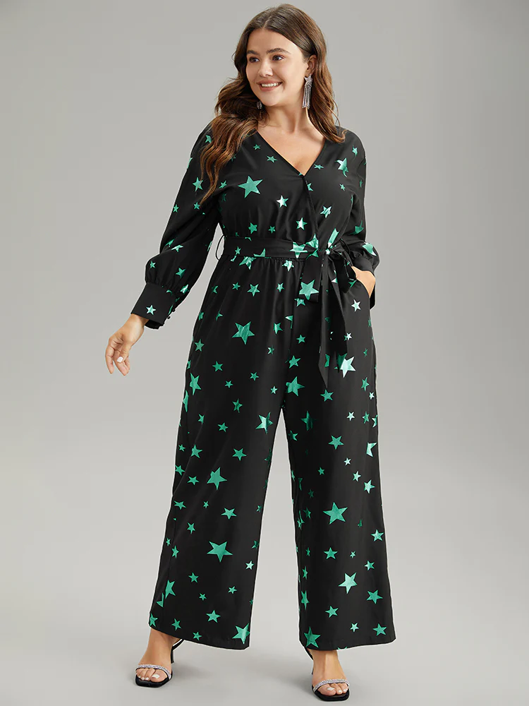 Star Glitter Belted V Neck Jumpsuit - Image 2