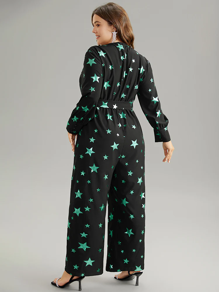 Star Glitter Belted V Neck Jumpsuit - Image 3