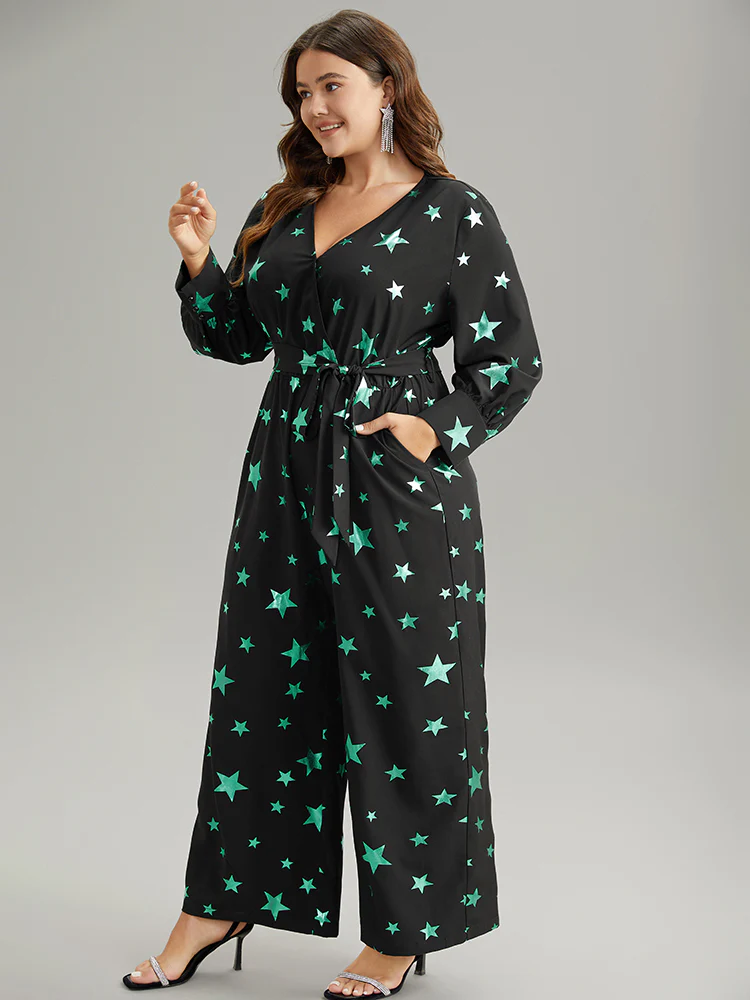 Star Glitter Belted V Neck Jumpsuit - Image 4