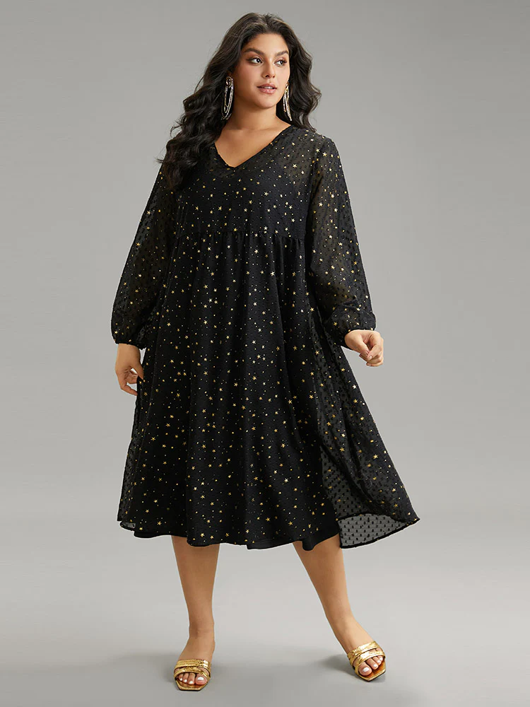 Star Glitter Mesh Lantern Sleeve Ruffle Dress - Image 2