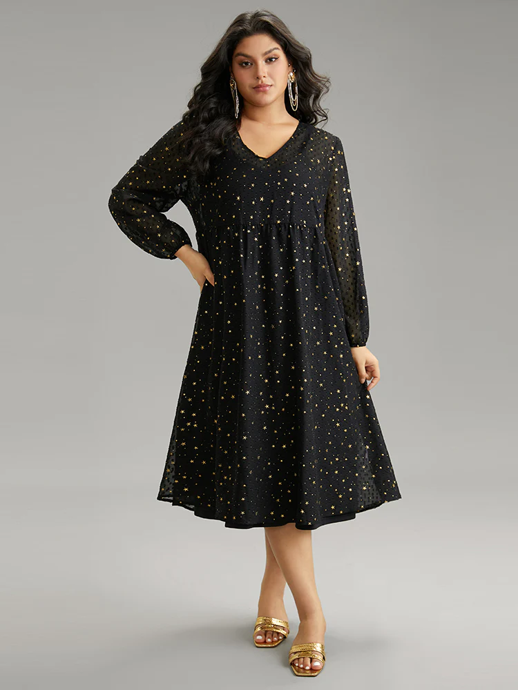 Star Glitter Mesh Lantern Sleeve Ruffle Dress - Image 3