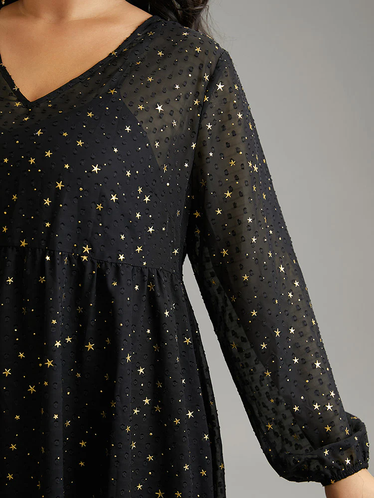Star Glitter Mesh Lantern Sleeve Ruffle Dress - Image 4