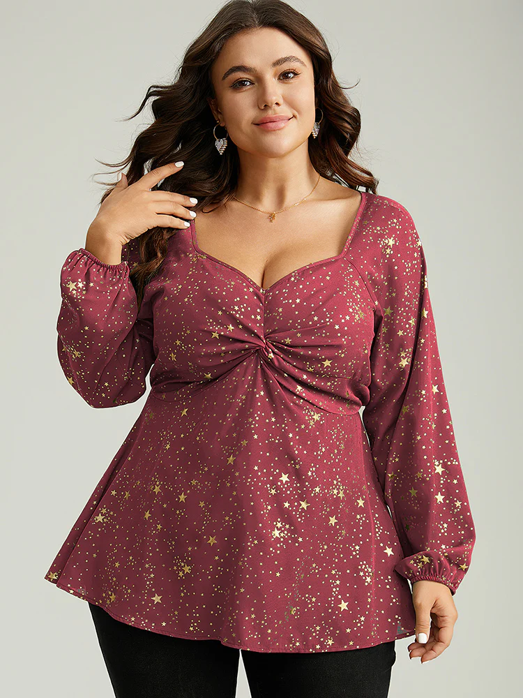 Star Glitter Square Neck Twist Front Blouse - Image 2