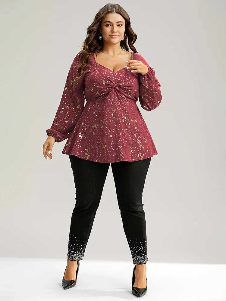 Star Glitter Square Neck Twist Front Blouse - Image 3