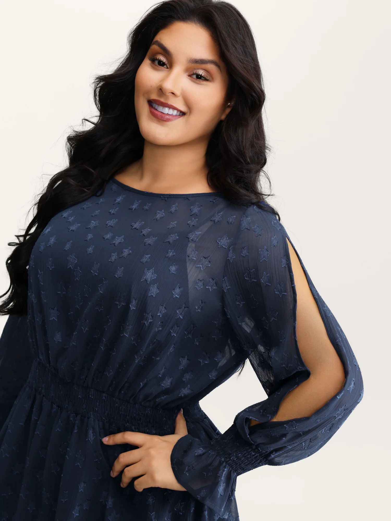 Star Jacquard Print Shirred Ruffled Blouse - Image 2