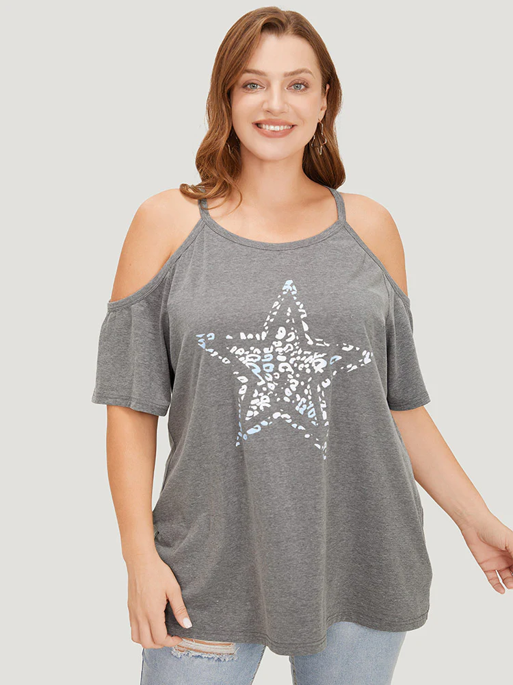 Star Leopard Cold Shoulder Heather T-shirt - Image 3
