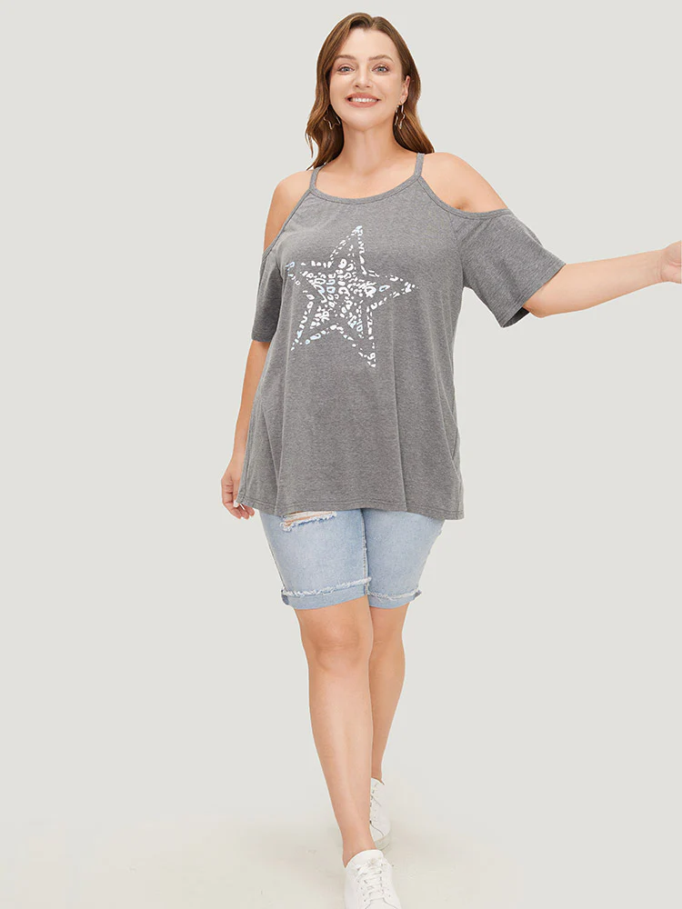 Star Leopard Cold Shoulder Heather T-shirt - Image 4