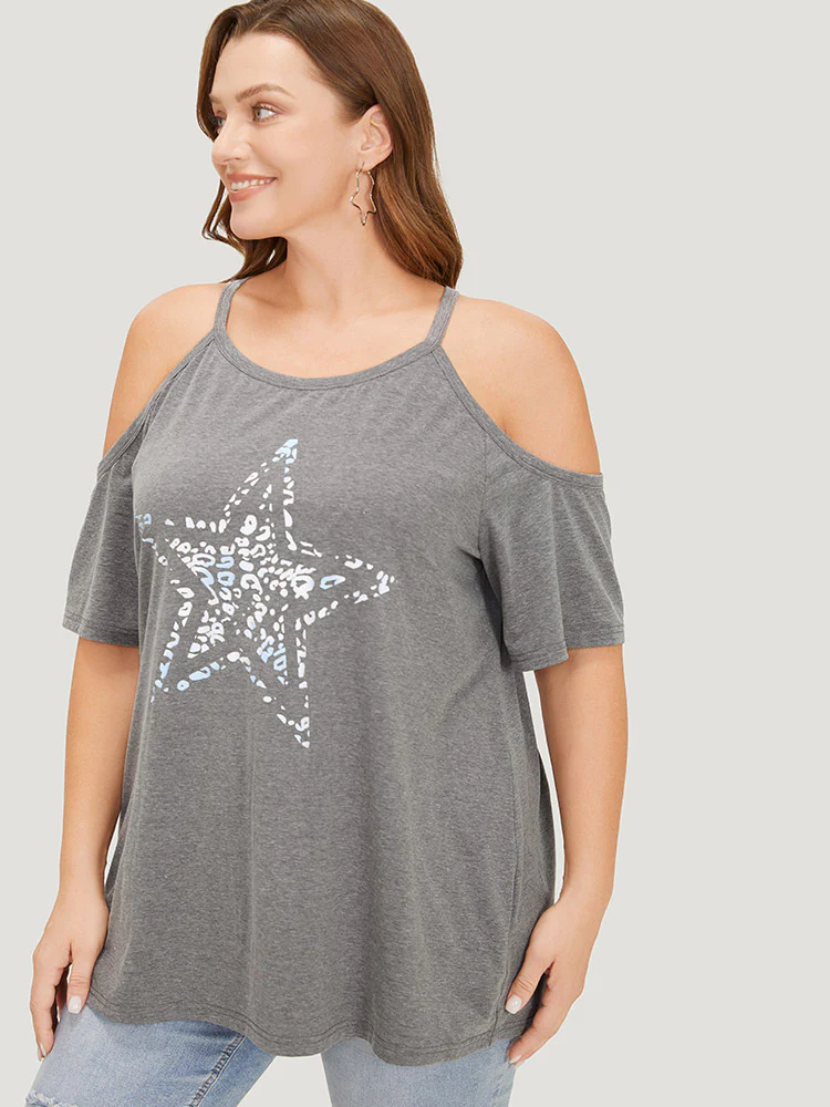 Star Leopard Cold Shoulder Heather T-shirt - Image 5