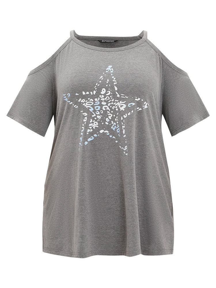 Star Leopard Cold Shoulder Heather T-shirt - Image 9