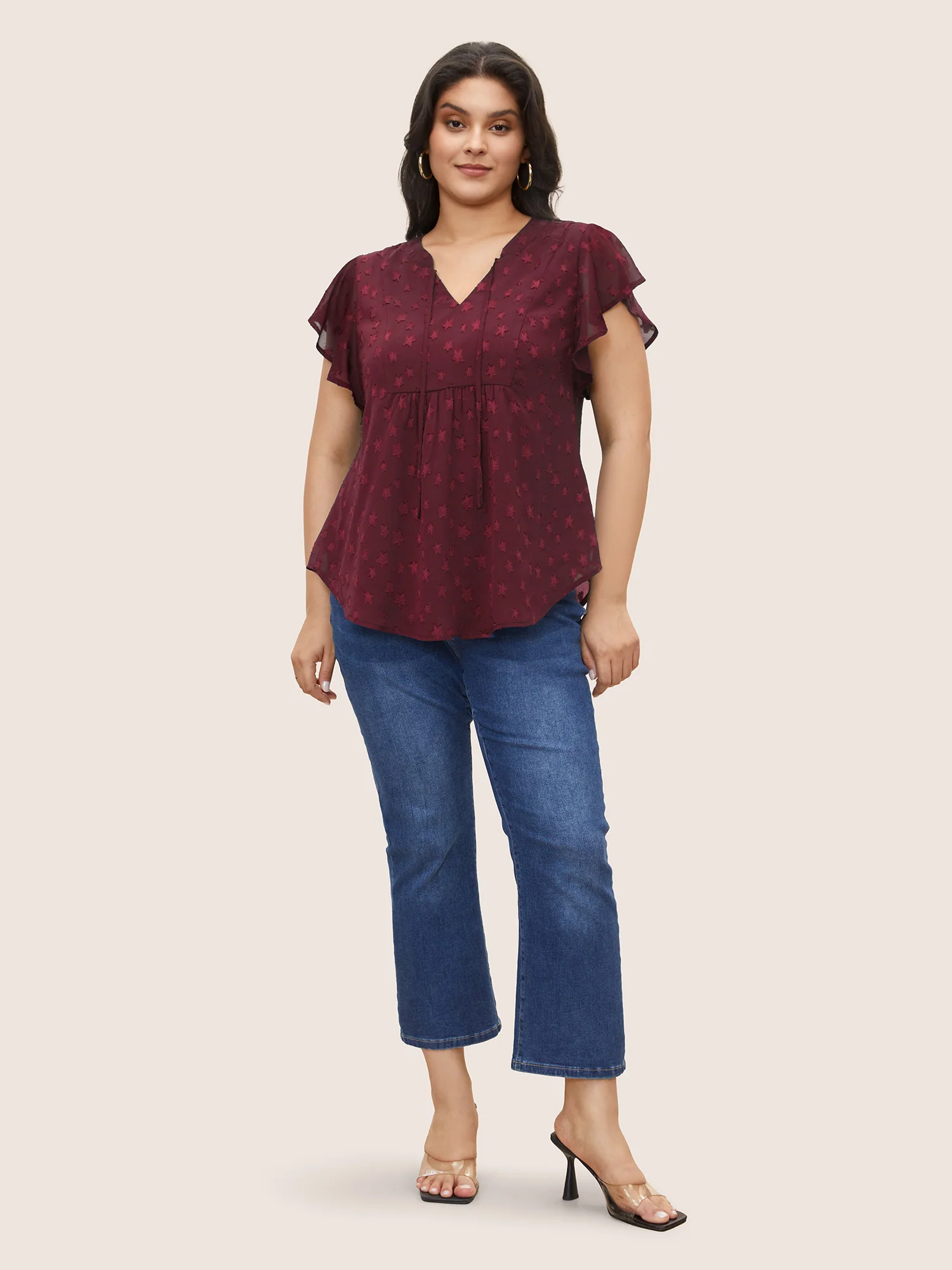 Star Mesh Gathered Ruffle Sleeve Blouse - Image 2