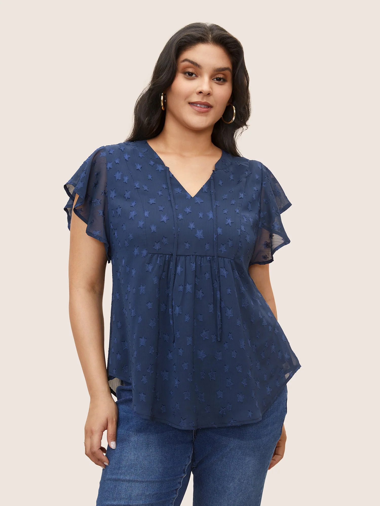Star Mesh Gathered Ruffle Sleeve Blouse - Image 5