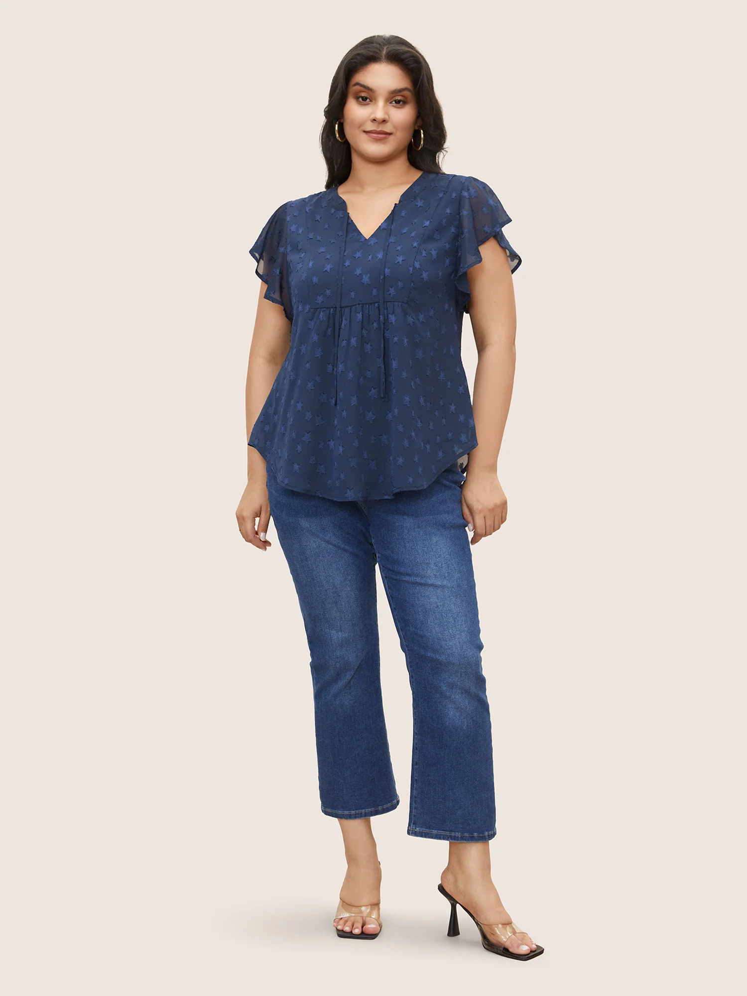 Star Mesh Gathered Ruffle Sleeve Blouse - Image 6