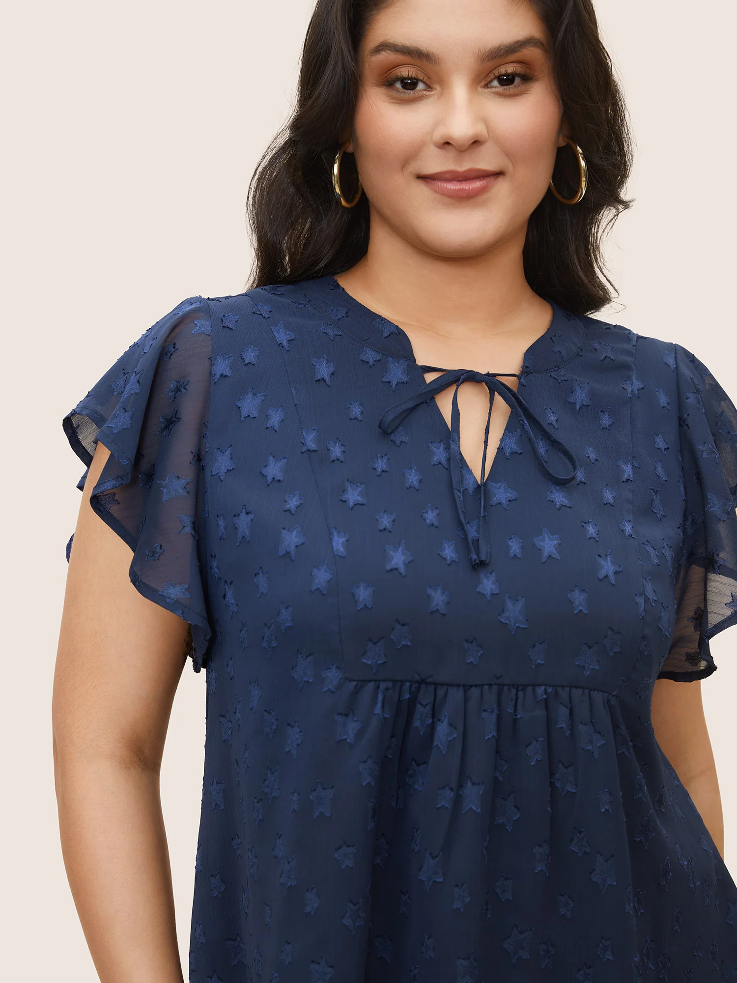 Star Mesh Gathered Ruffle Sleeve Blouse - Image 7