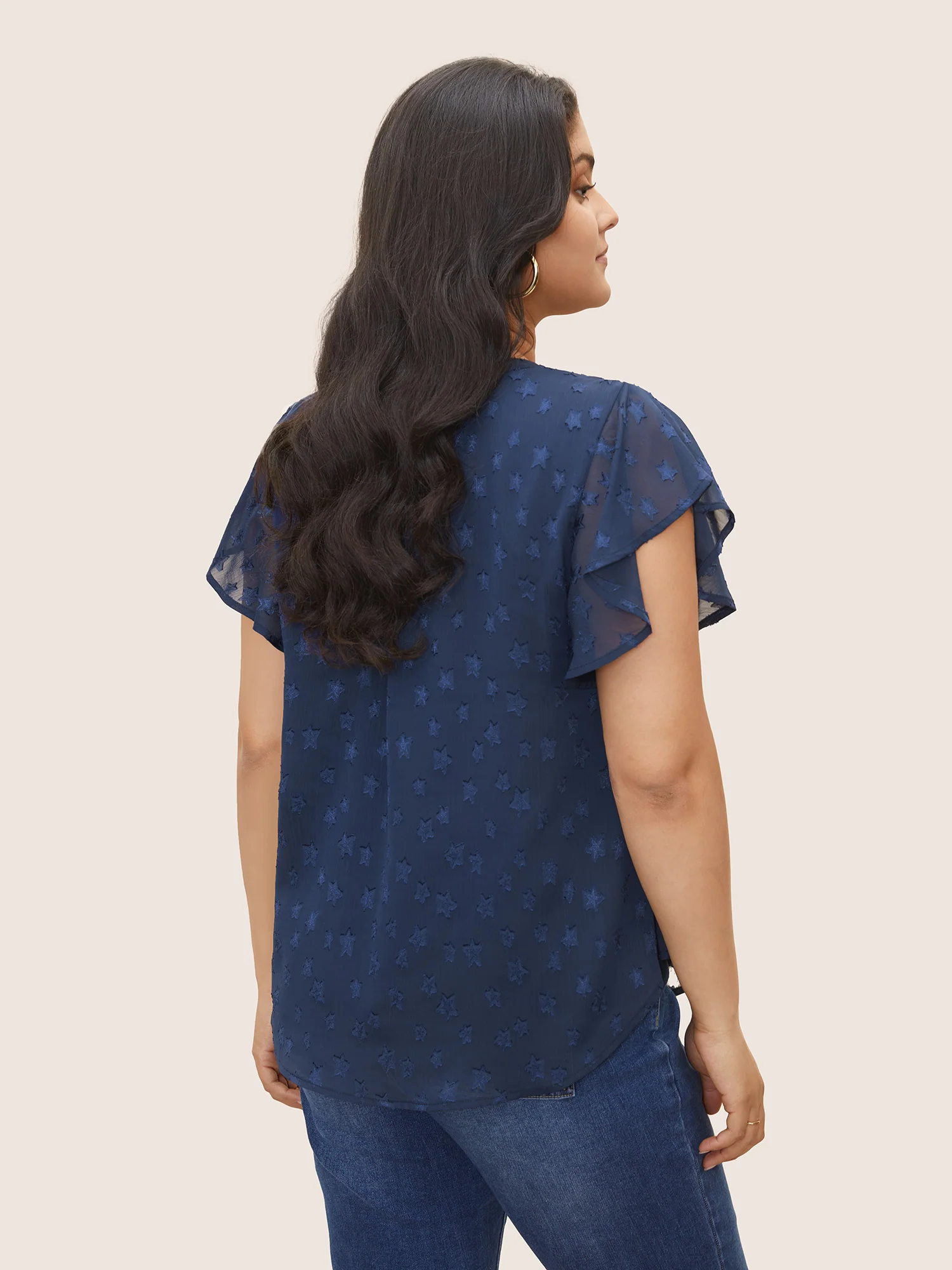 Star Mesh Gathered Ruffle Sleeve Blouse - Image 8
