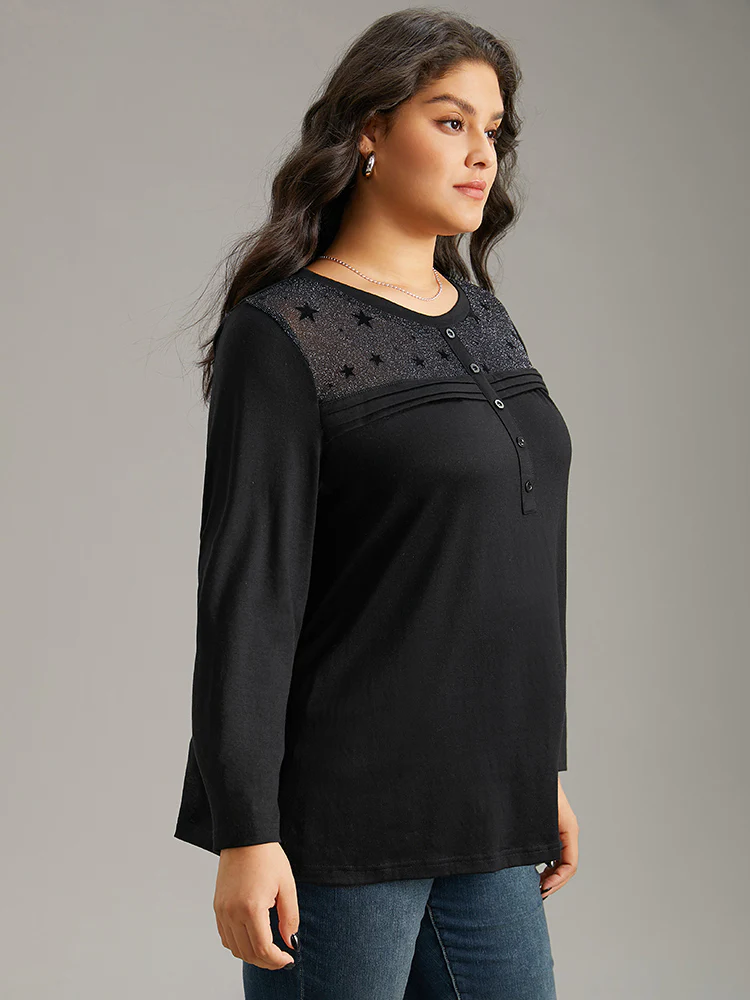 Star Mesh Patchwork Button Detail T-shirt - Image 3