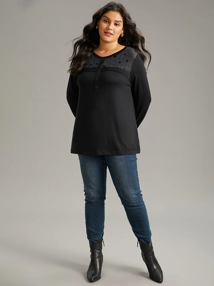 Star Mesh Patchwork Button Detail T-shirt - Image 4