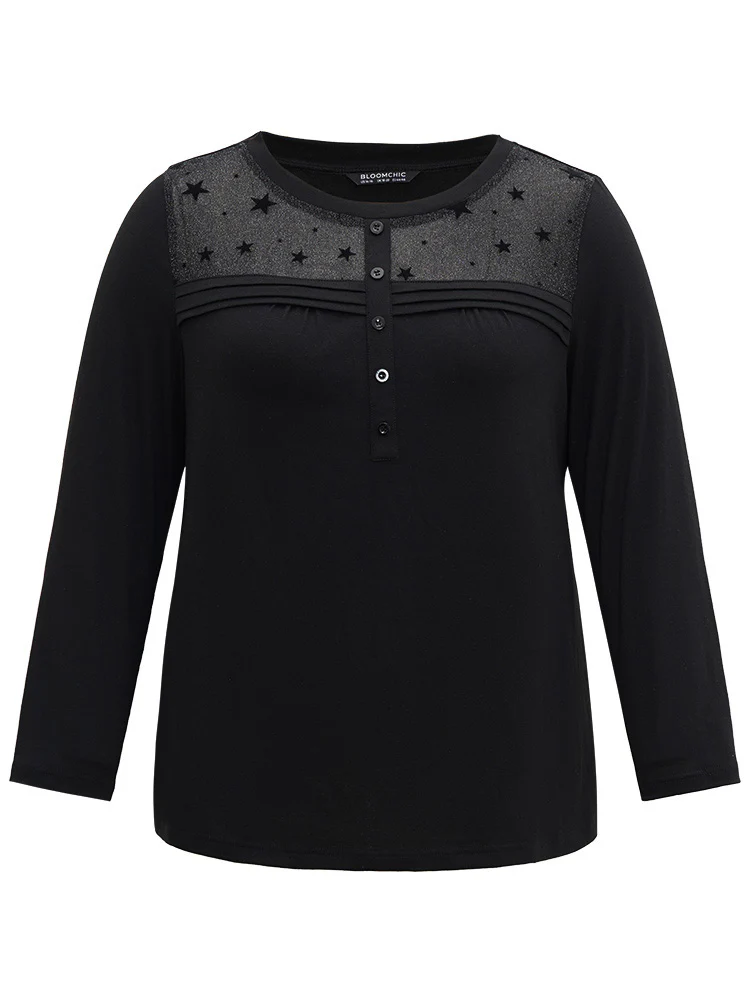 Star Mesh Patchwork Button Detail T-shirt - Image 7