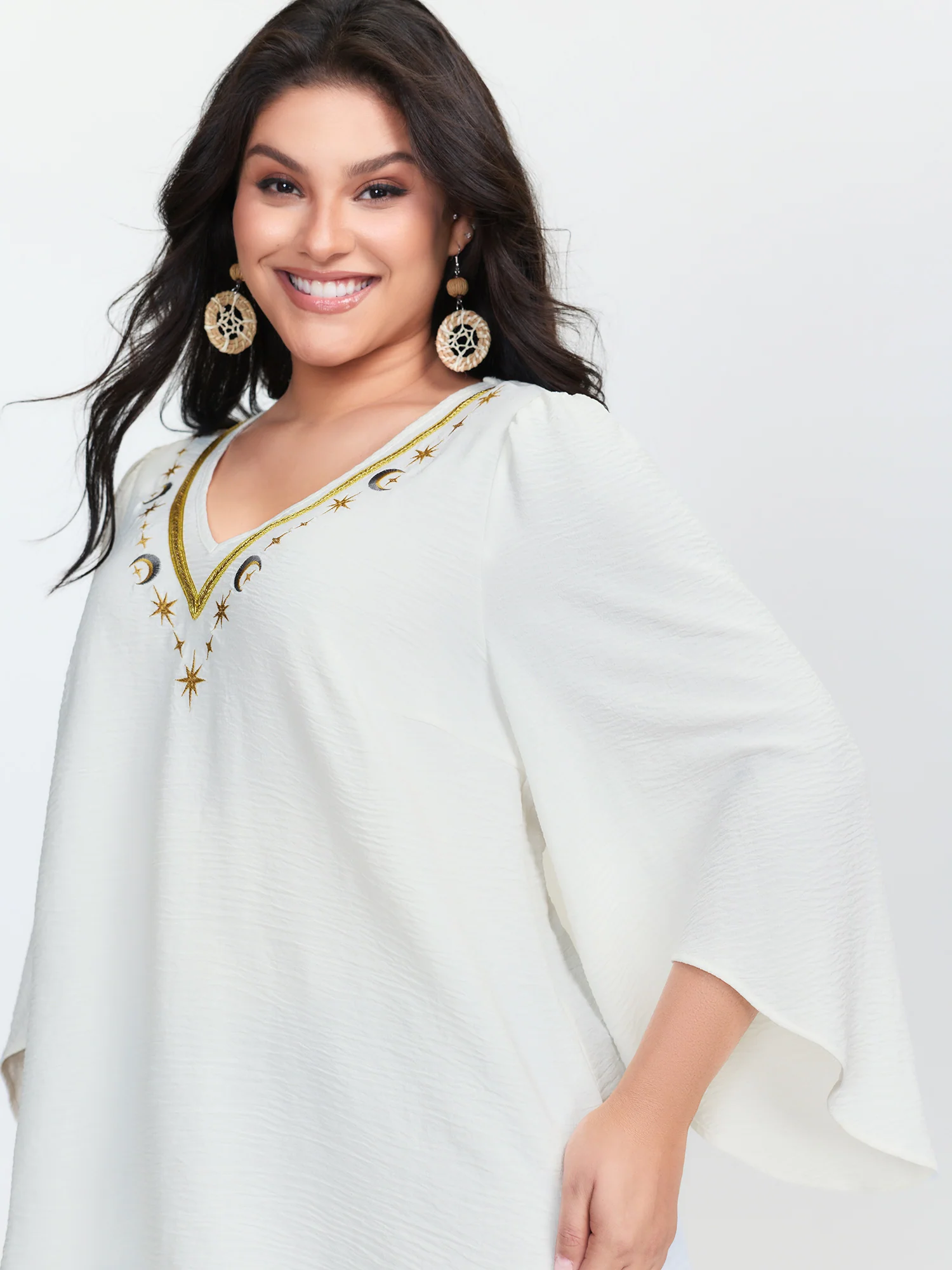 Star Moon Embroidered Neckline Flared Blouse - Image 2
